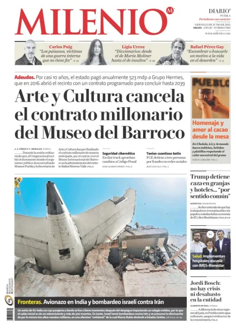 Portada de Milenio Puebla del viernes, 13 de junio de 2025