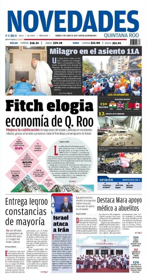 Portada de Novedades Quintana Roo del viernes, 13 de junio de 2025