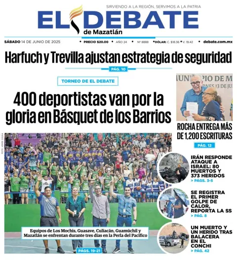 Portada de El Debate de Mazatlan del sábado, 14 de junio de 2025