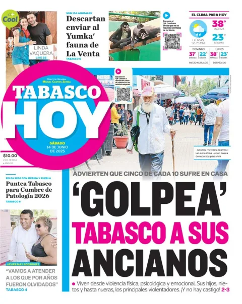 Portada de Tabasco Hoy del sábado, 14 de junio de 2025