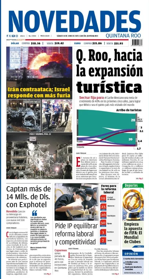 Portada de Novedades Quintana Roo del sábado, 14 de junio de 2025