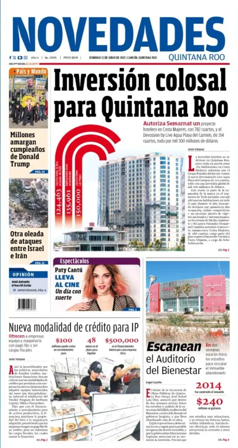 Portada de Novedades Quintana Roo del domingo, 15 de junio de 2025