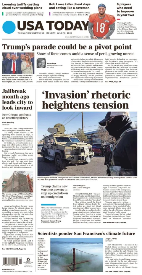 Portada de Usa Today del lunes, 16 de junio de 2025