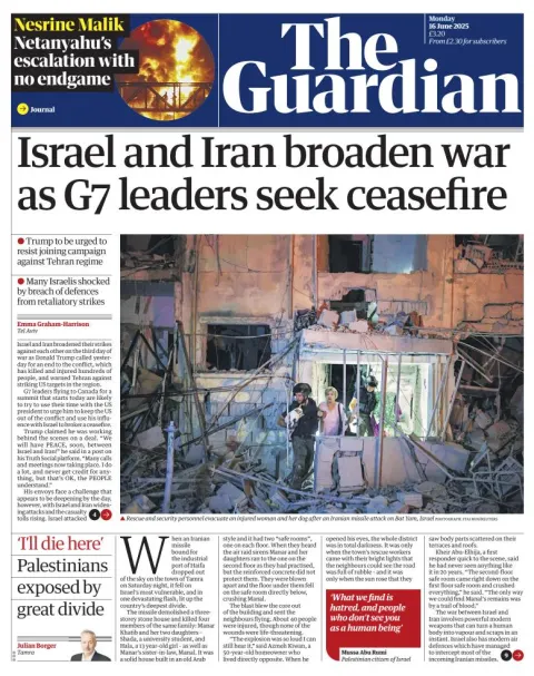 Portada de The Guardian (reino Unido) del lunes, 16 de junio de 2025