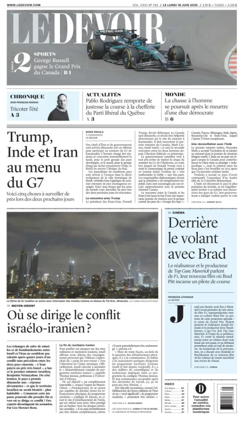 Portada de Le Devoir del lunes, 16 de junio de 2025