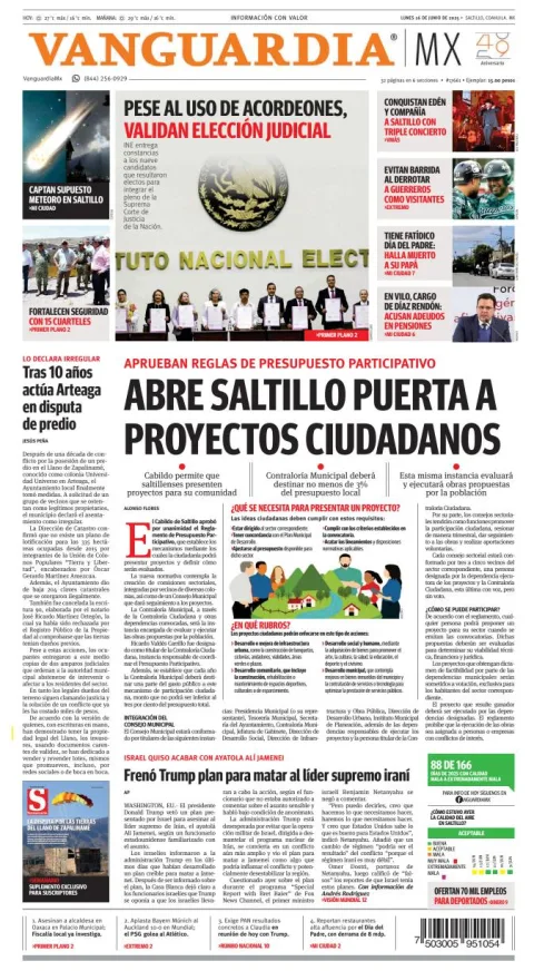 Portada de Vanguardia del lunes, 16 de junio de 2025