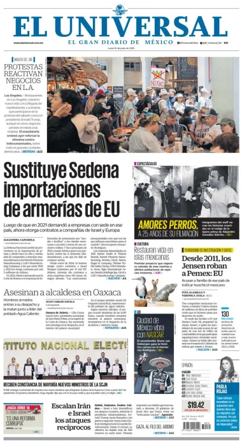 Portada de El Universal del lunes, 16 de junio de 2025