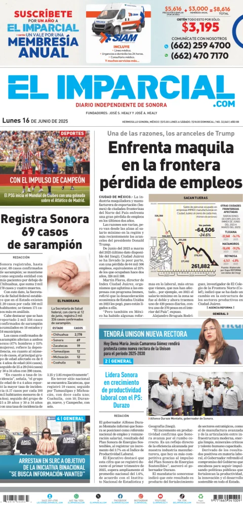 Portada de El Imparcial del lunes, 16 de junio de 2025