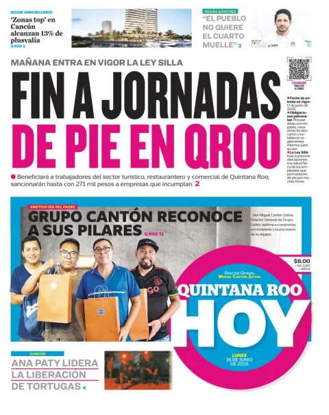 Portada de Quintana Roo Hoy del lunes, 16 de junio de 2025