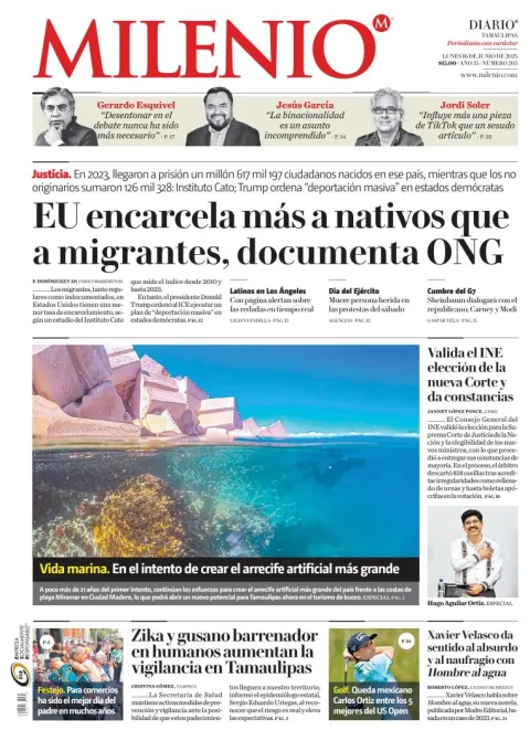 Portada de Milenio Tamaulipas del lunes, 16 de junio de 2025