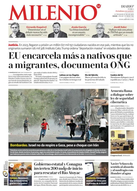 Portada de Milenio Puebla del lunes, 16 de junio de 2025