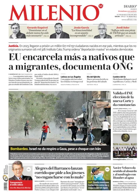 Portada de Milenio Jalisco del lunes, 16 de junio de 2025