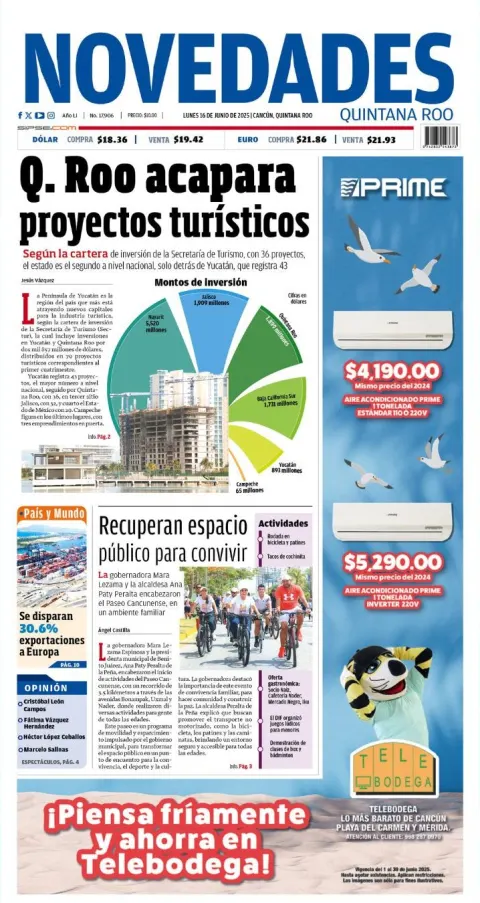 Portada de Novedades Quintana Roo del lunes, 16 de junio de 2025