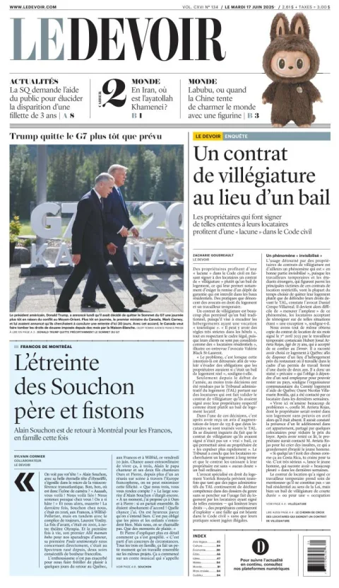 Portada de Le Devoir del martes, 17 de junio de 2025