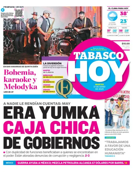 Portada de Tabasco Hoy del martes, 17 de junio de 2025