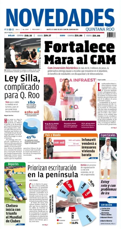 Portada de Novedades Quintana Roo del martes, 17 de junio de 2025