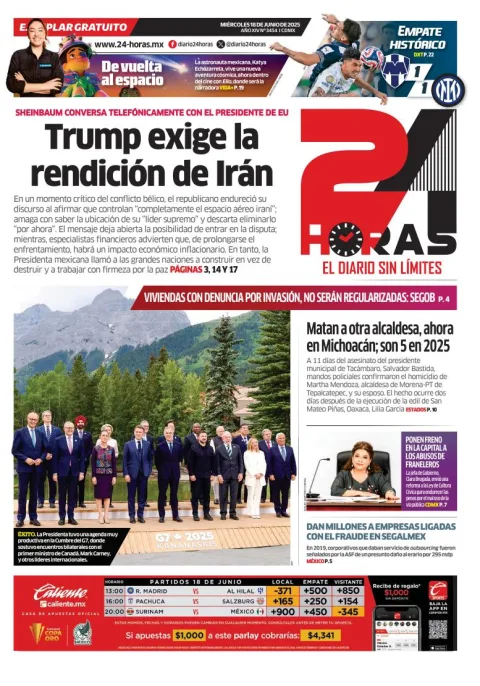 Portada de 24 Horas del miércoles, 18 de junio de 2025