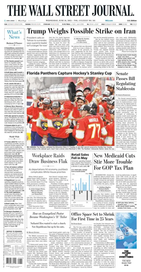 Portada de The Wall Street Journal del miércoles, 18 de junio de 2025