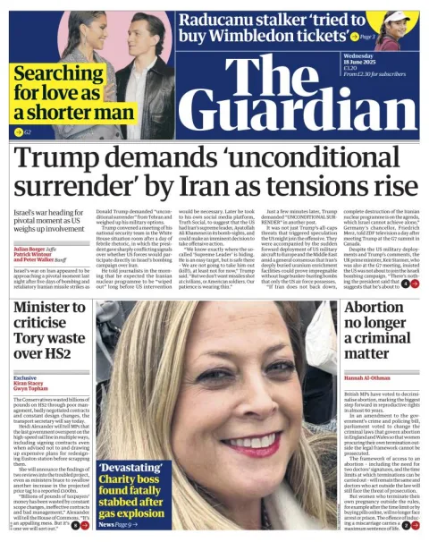 Portada de The Guardian (reino Unido) del miércoles, 18 de junio de 2025