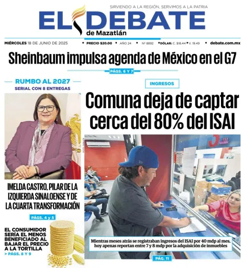 Portada de El Debate de Mazatlan del miércoles, 18 de junio de 2025