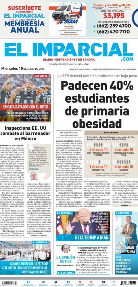 Portada de El Imparcial del miércoles, 18 de junio de 2025