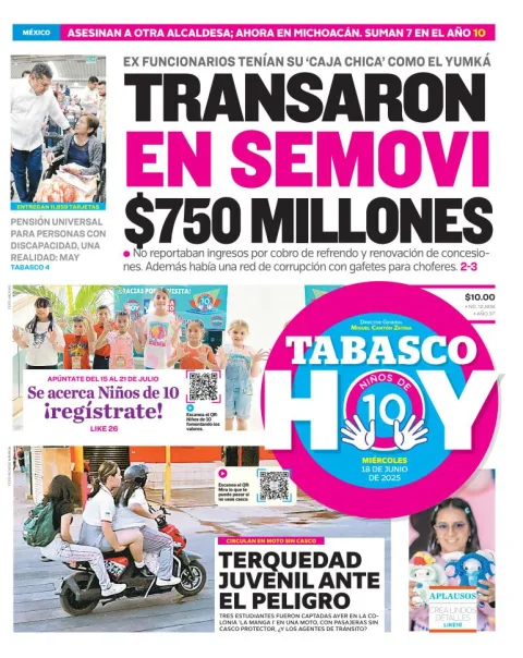 Portada de Tabasco Hoy del miércoles, 18 de junio de 2025
