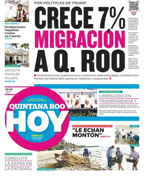 Portada de Quintana Roo Hoy del miércoles, 18 de junio de 2025