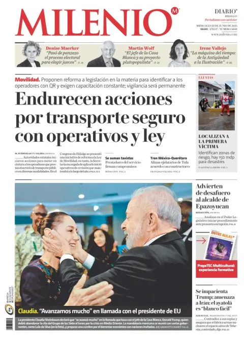 Portada de Milenio Hidalgo del miércoles, 18 de junio de 2025
