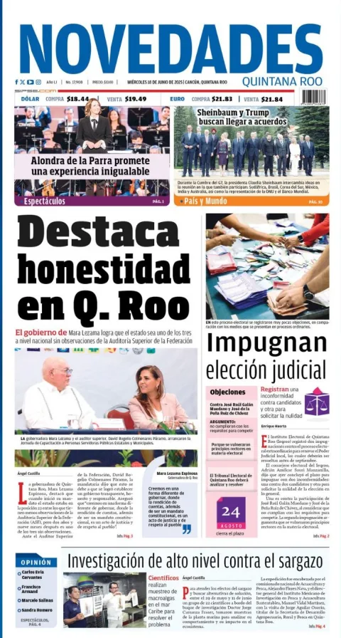 Portada de Novedades Quintana Roo del miércoles, 18 de junio de 2025