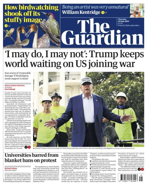 Portada de The Guardian (reino Unido) del jueves, 19 de junio de 2025