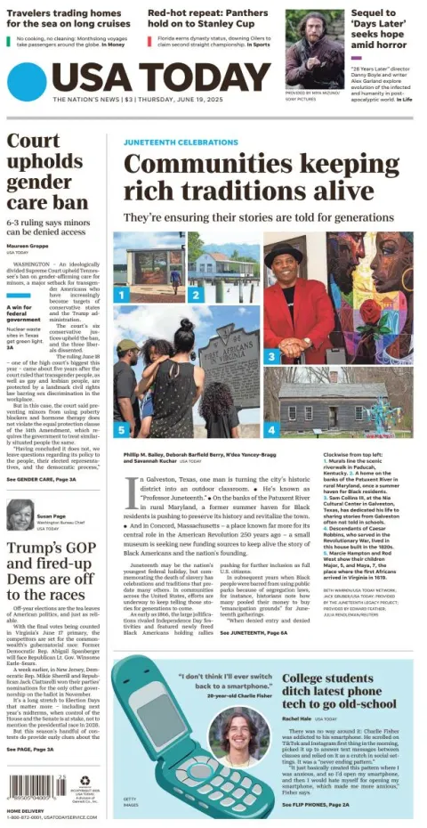 Portada de Usa Today del jueves, 19 de junio de 2025