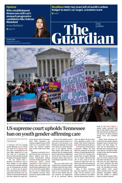 Portada de The Guardian (usa) del jueves, 19 de junio de 2025