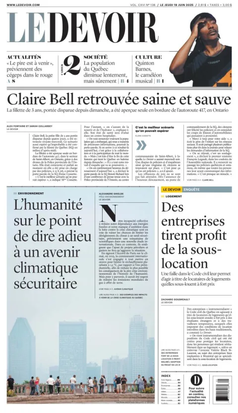 Portada de Le Devoir del jueves, 19 de junio de 2025