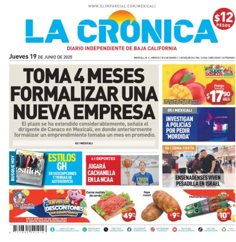 Portada de La Cronica del jueves, 19 de junio de 2025