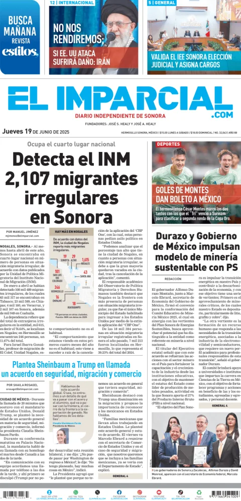Portada de El Imparcial del jueves, 19 de junio de 2025