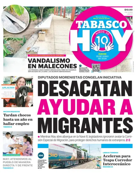Portada de Tabasco Hoy del jueves, 19 de junio de 2025