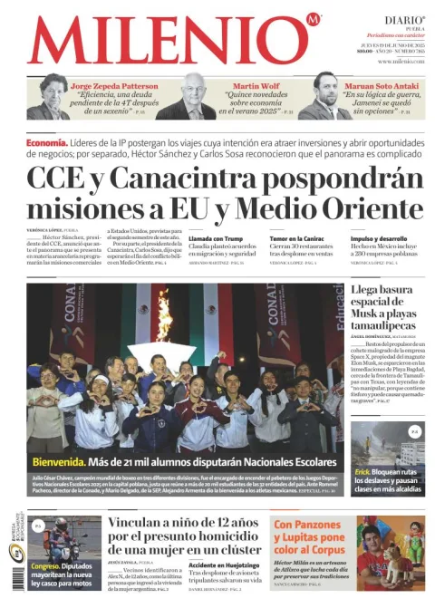 Portada de Milenio Puebla del jueves, 19 de junio de 2025