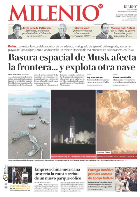 Portada de Milenio Tamaulipas del jueves, 19 de junio de 2025