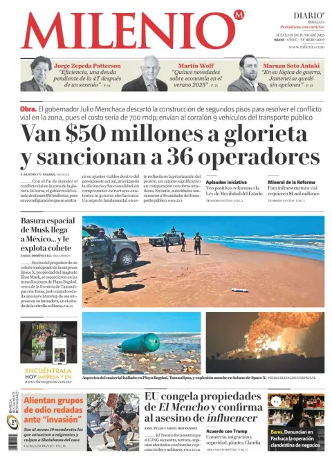 Portada de Milenio Hidalgo del jueves, 19 de junio de 2025