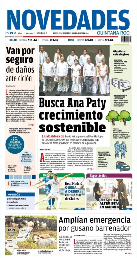Portada de Novedades Quintana Roo del jueves, 19 de junio de 2025