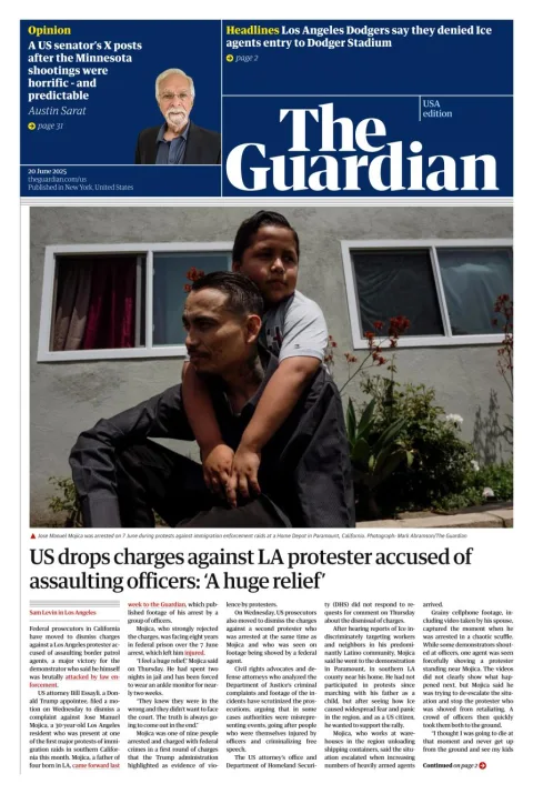 Portada de The Guardian (usa) del viernes, 20 de junio de 2025