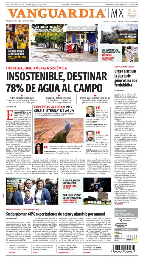 Portada de Vanguardia del viernes, 20 de junio de 2025