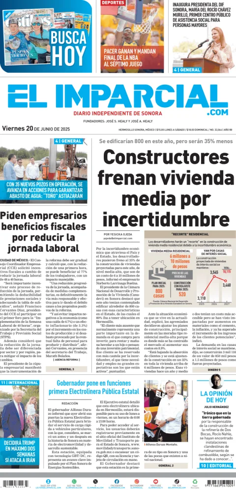 Portada de El Imparcial del viernes, 20 de junio de 2025