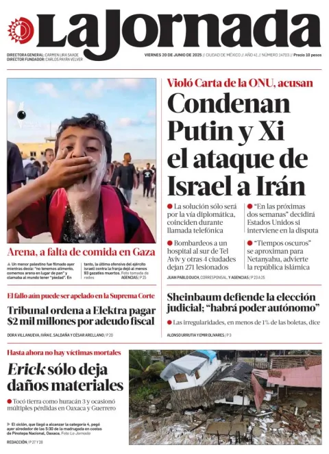 Portada de La Jornada del viernes, 20 de junio de 2025