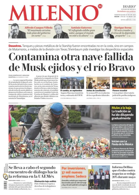 Portada de Milenio Edo de Mexico del viernes, 20 de junio de 2025