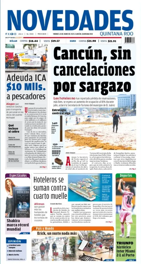 Portada de Novedades Quintana Roo del viernes, 20 de junio de 2025