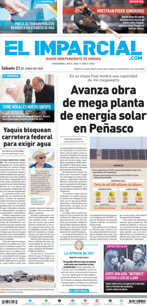 Portada de El Imparcial del sábado, 21 de junio de 2025