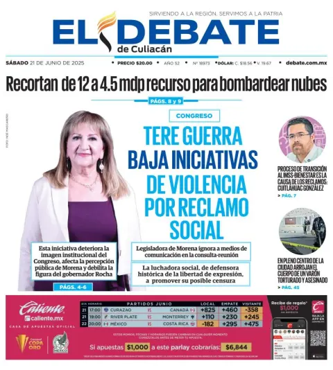 Portada de El Debate de Culiacan del sábado, 21 de junio de 2025