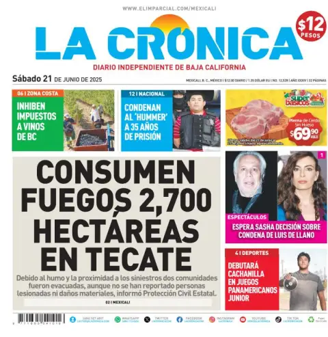 Portada de La Cronica del sábado, 21 de junio de 2025