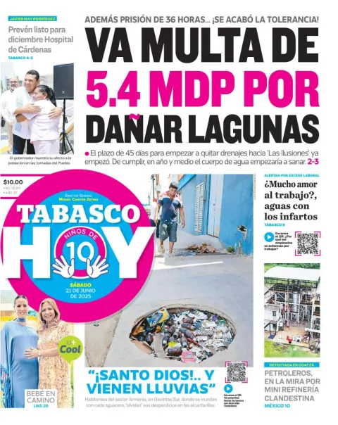 Portada de Tabasco Hoy del sábado, 21 de junio de 2025